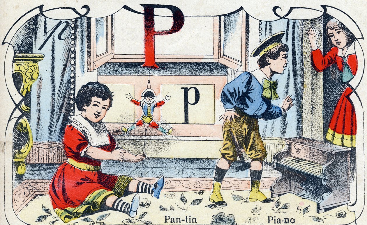 Litera P Pantin Fortepian. Grawerowanie w "ABC des joux pour petits boys". Obraz Pont-a-Mousson, Louis Vagne, drukarz-wydawca, koniec XIX wieku. Wymiary: 32,5x25 cm autorstwa French School