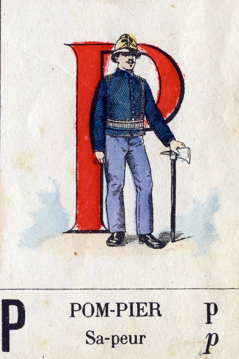 Litera P jako strażak. Alfabet wojskowy. Obraz Epinal, około 1870-1880. Drzeworyty w kolorze wzornikowym autorstwa French School