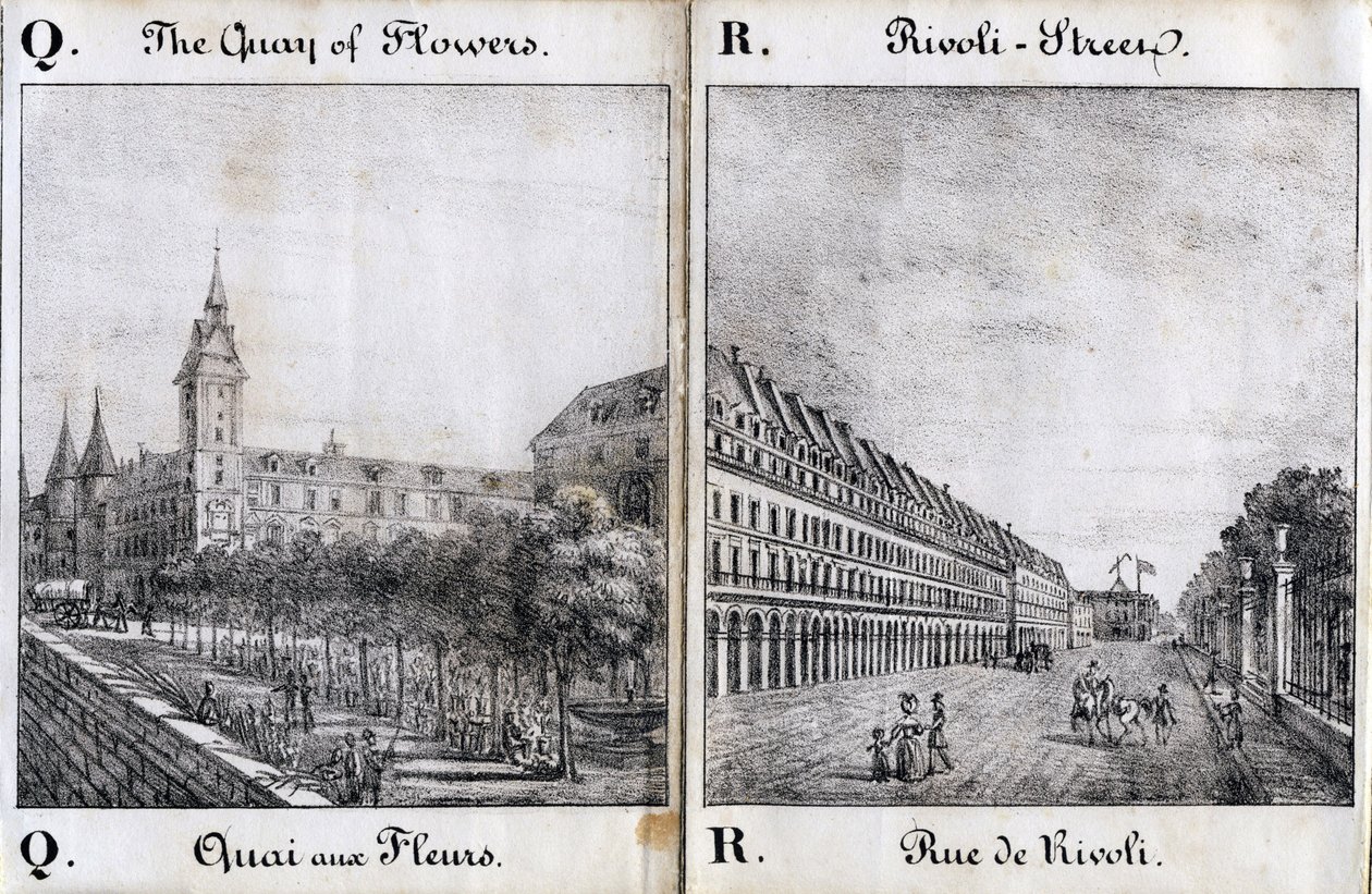 Litera Q i A: Kwiecisty dok i ulica Rivoli - "Alphabet Picturesque des Monumens de Paris" ok. 1840 r. (rycina) autorstwa French School