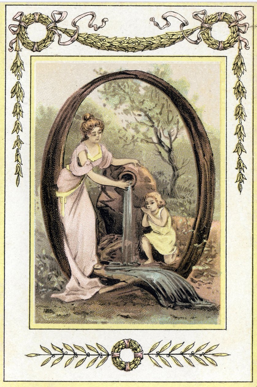 Litera Q przedstawiająca matkę i jej syna pijących wodę ze źródła, koniec XIX w. (chromolitografia) autorstwa French School