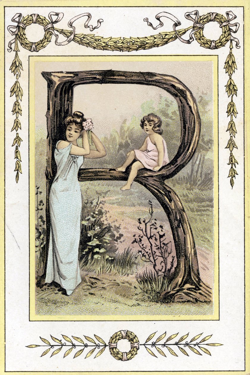 Litera R przedstawiająca matkę i córkę, koniec XIX w. (chromolitografia) autorstwa French School