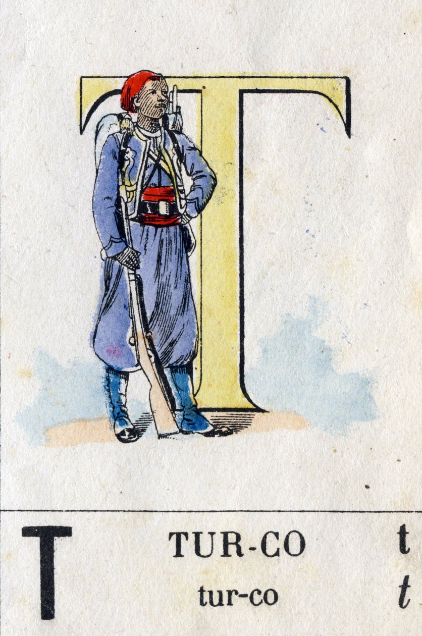 Litera T jak turko. Alfabet wojskowy. Obraz Epinal, około 1870-1880. Wzornik grawerowania drewna autorstwa French School