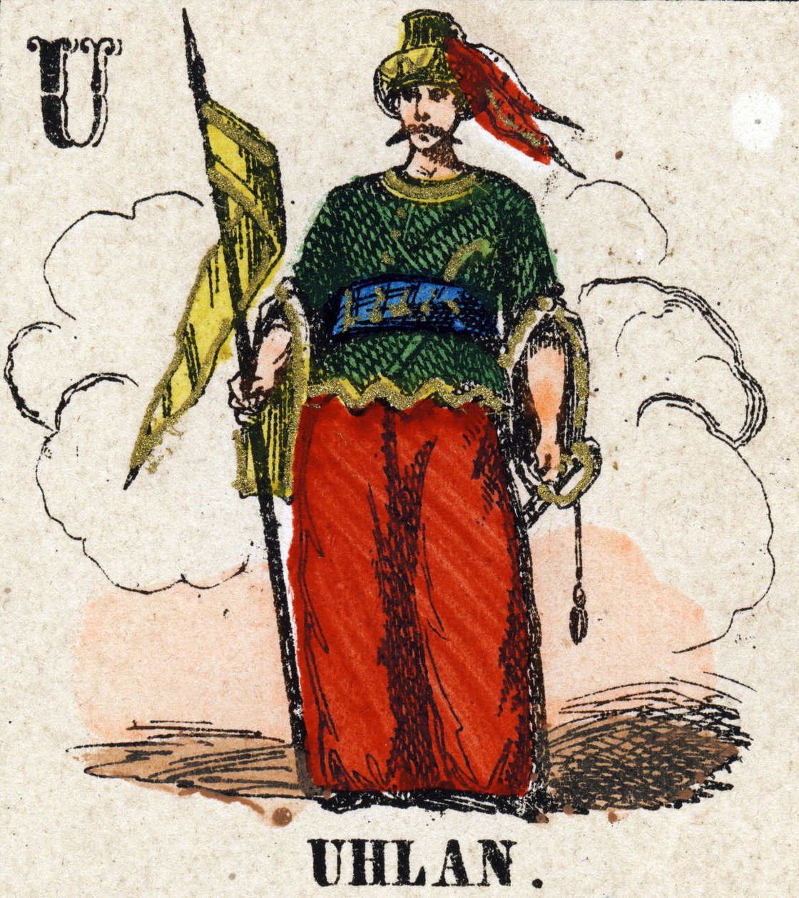 Litera U jak Ułan. Mały alfabet encyklopedyczny. Obraz Epinal, ok. 1860 r. Drzeworyt, szablon ze złoceniami. Wymiary: 37,8x50,3cm. Prywatna kolekcja autorstwa French School