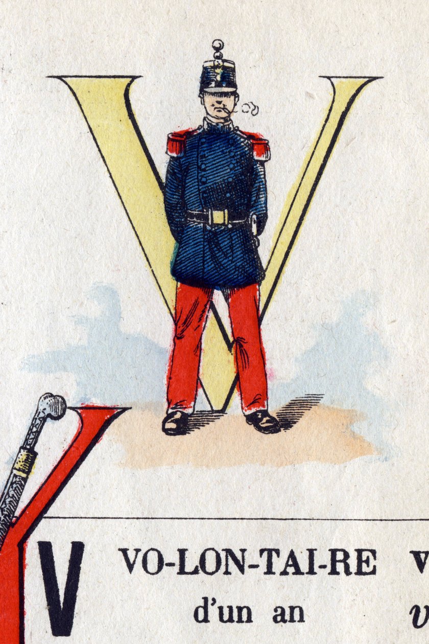 Litera V jako wolontariusz. Alfabet wojskowy. Obraz Epinal, około 1870-1880. Drzeworyty w kolorze wzornikowym autorstwa French School