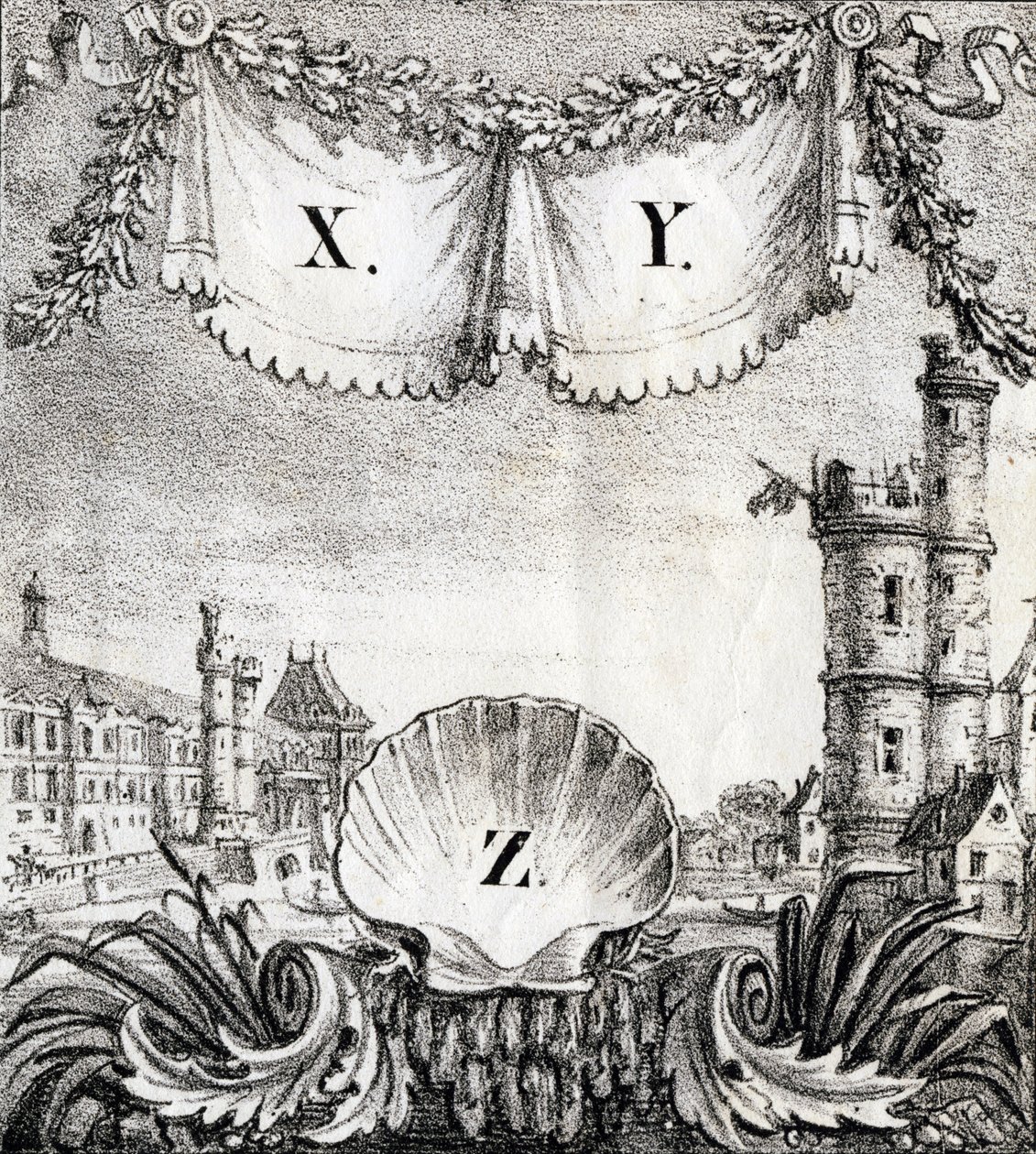 Litery X, Y i Z: Paryż w 1500 r. - "Alfabet obrazkowy zabytków Paryża" ok. 1840 r. (rycina) autorstwa French School