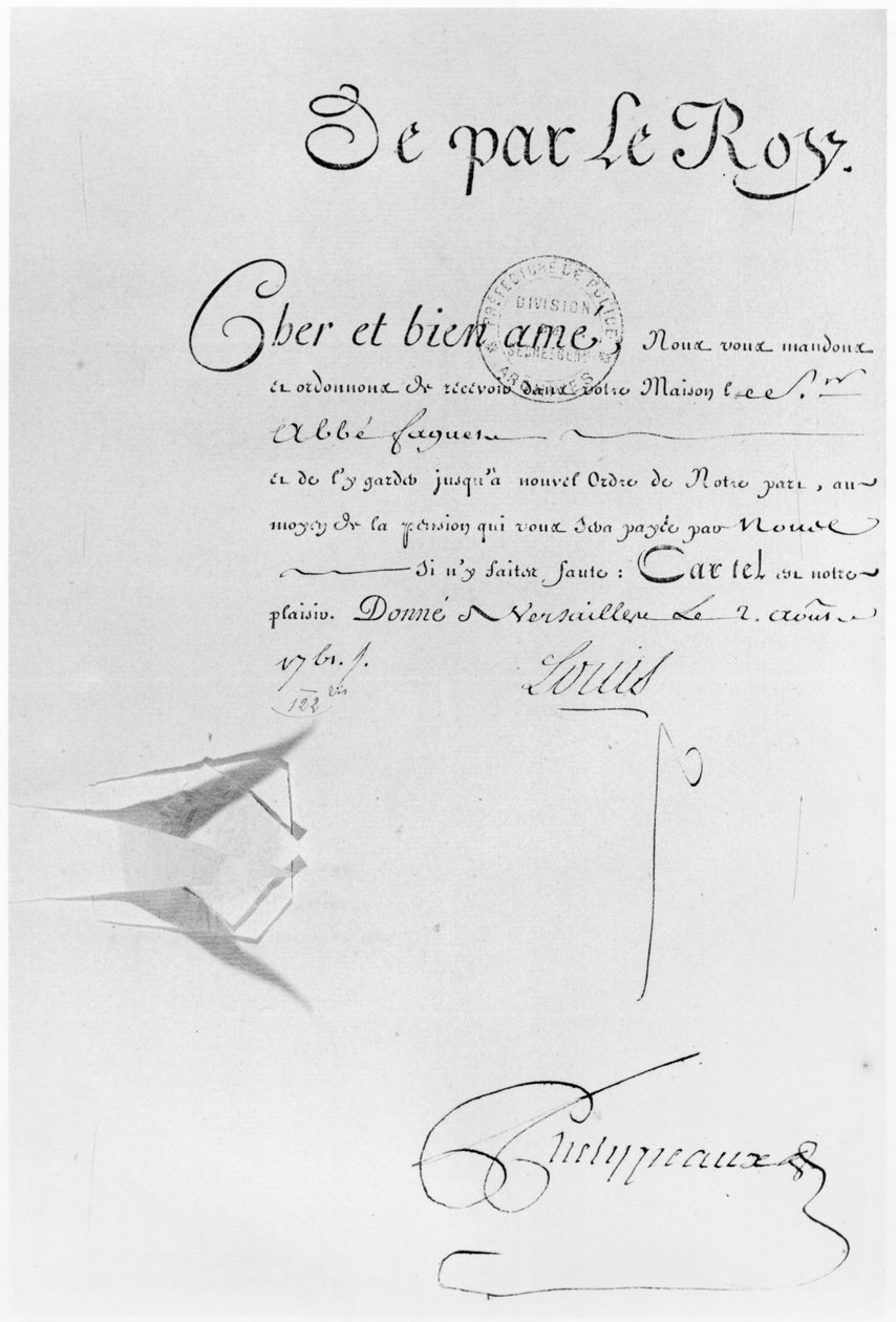 Lettre de Cachet króla Ludwika XV w celu uwięzienia księdza Faguera, 2 sierpnia 1761 (pióro i atrament na papierze) autorstwa French School