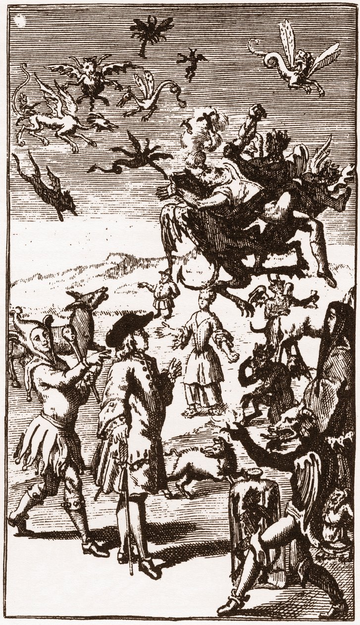 Ewokacja demonów, rycina z 1710 r. w „Historii ekstrawaganckich wyobrażeń Monsieur Oufle” Laurenta Bordelona (1653-1730) autorstwa French School