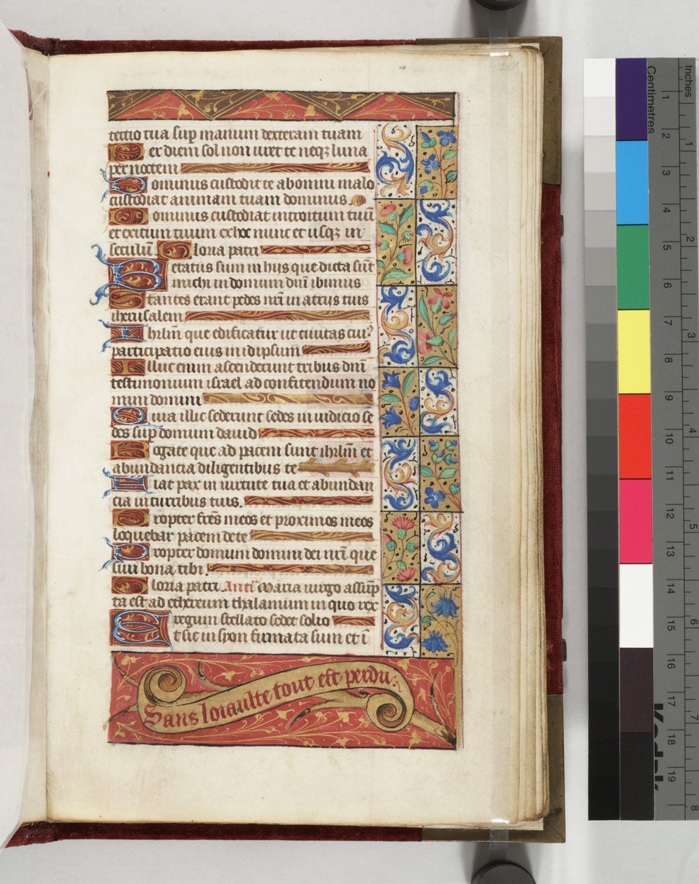 Lewis E 113 f.20r Zdobiona strona tekstowa z mottem Bez Lojalności wszystko stracone, 1500-15 autorstwa French School