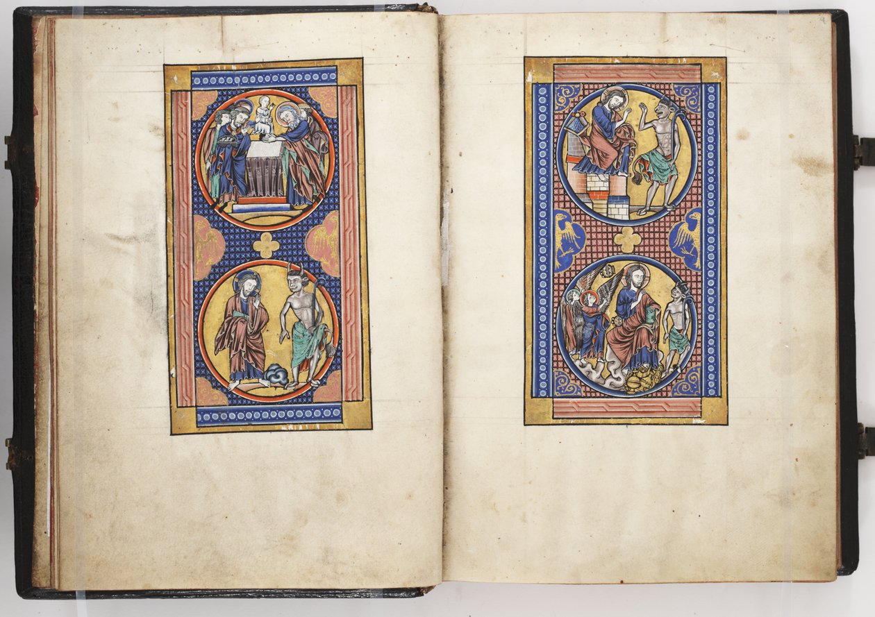 Lewis Psalter ff.8v-9r, Ofiarowanie w świątyni i trzy kuszenia Chrystusa, ok. 1225-40 (tempera i złoto na welinie) autorstwa French School