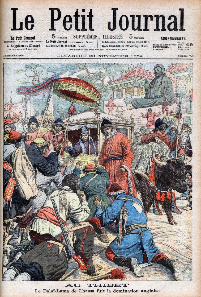 13. Dalajlama z Lhasy (Thubten Gyatso) (1876-1933) uciekający przed angielską dominacją w „Le Petit Journal” z 20 listopada autorstwa French School