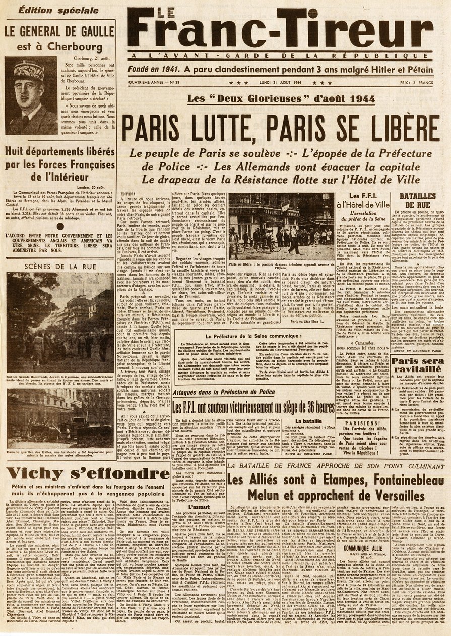 Wyzwolenie Paryża - FRANC TIROUR numer 38 z 21 sierpnia 1944 r. - Walki paryskie, paris ce libere autorstwa French School