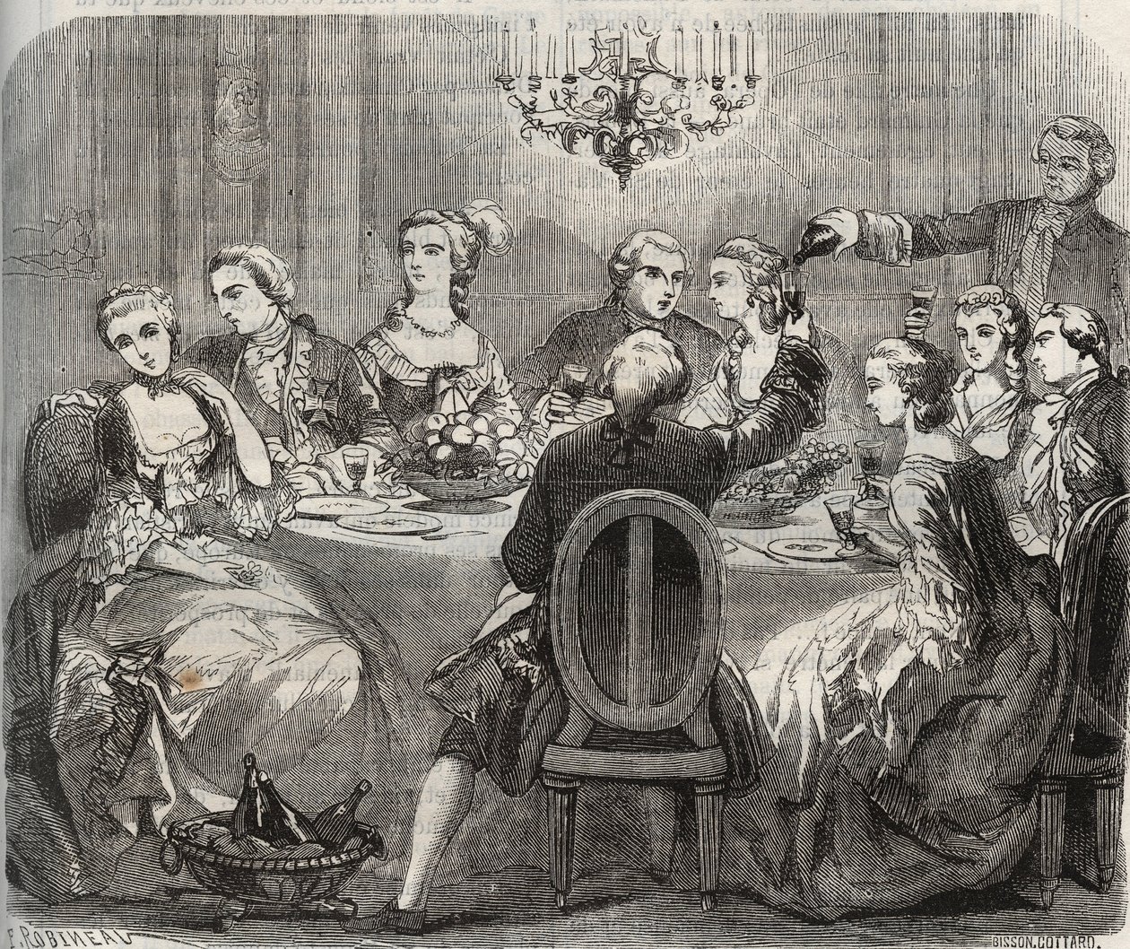 Wyzwolenie: Christian VII (1749-1808), król Danii i Norwegii, podczas libertyńskiej uczty zorganizowanej przez tancerkę Marie Madeleine Guimard (1743-1816) w jej domu Pantin. Grawerunek z 1871 roku w „Histoire Des Cocus Celebres” autorstwa Henry