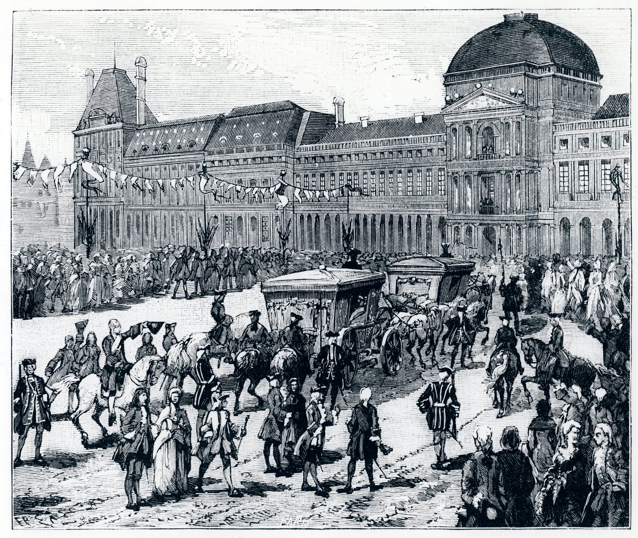 Życie za Ludwika XV: król przybywający do Palais des Tuileries, gdzie czekają na niego królowa i delfin – w „Paryżu przez wieki” Genouillaca autorstwa French School