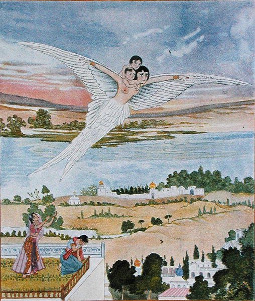 Podnoszenie dwojga maluchów w powietrze, ilustracja z „Arabian Nights” autorstwa French School