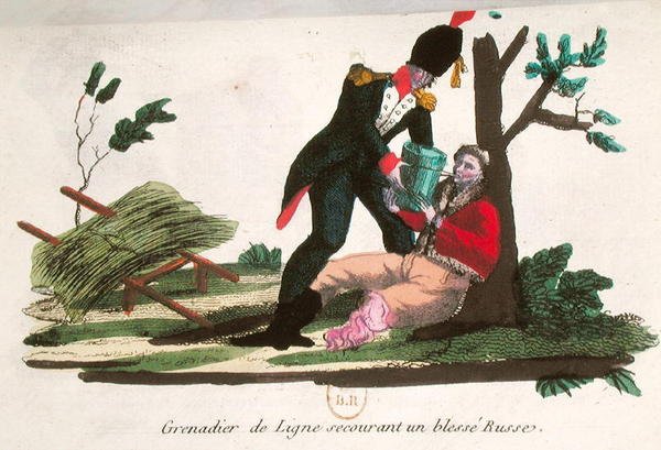 Grenadier liniowy udzielający pomocy rannemu żołnierzowi rosyjskiemu (rycina kolorowana) autorstwa French School