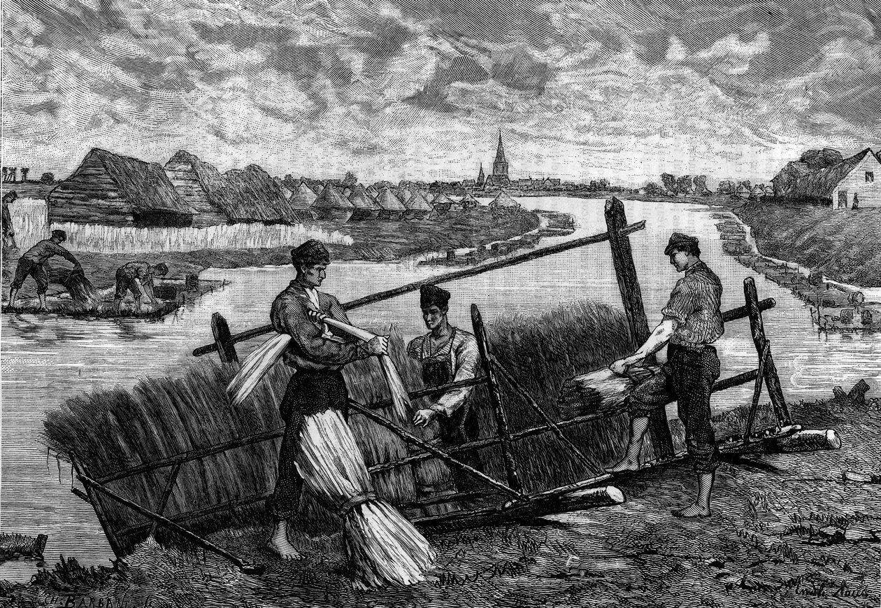 Pościel: len w rzece Lys. Grawerowanie w „Le Journal de la jeunesse”” autorstwa French School