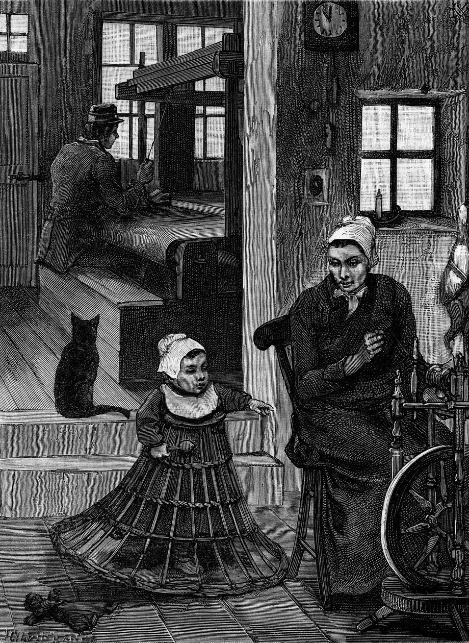Len: wnętrze tkacza z tkaczem i kołowrotkiem. Grawerowanie w „” Le Journal de la jeunesse”” autorstwa French School
