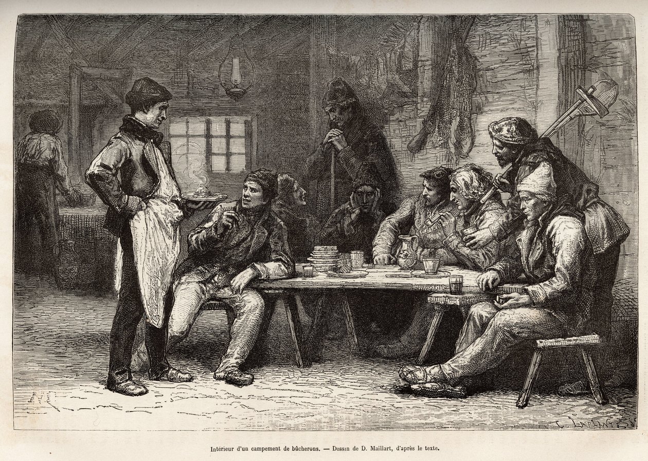 Wnętrze obozu woodcheron w Ontario, rycina wg rysunku D.Maillarda, ilustrującego wyprawę do Kanady i nad północną rzekę Czerwoną, H. De Lamotte, w 1873, opublikowana w „Le world tour”” 1875 , pod redakcją Edouarda autorstwa French School