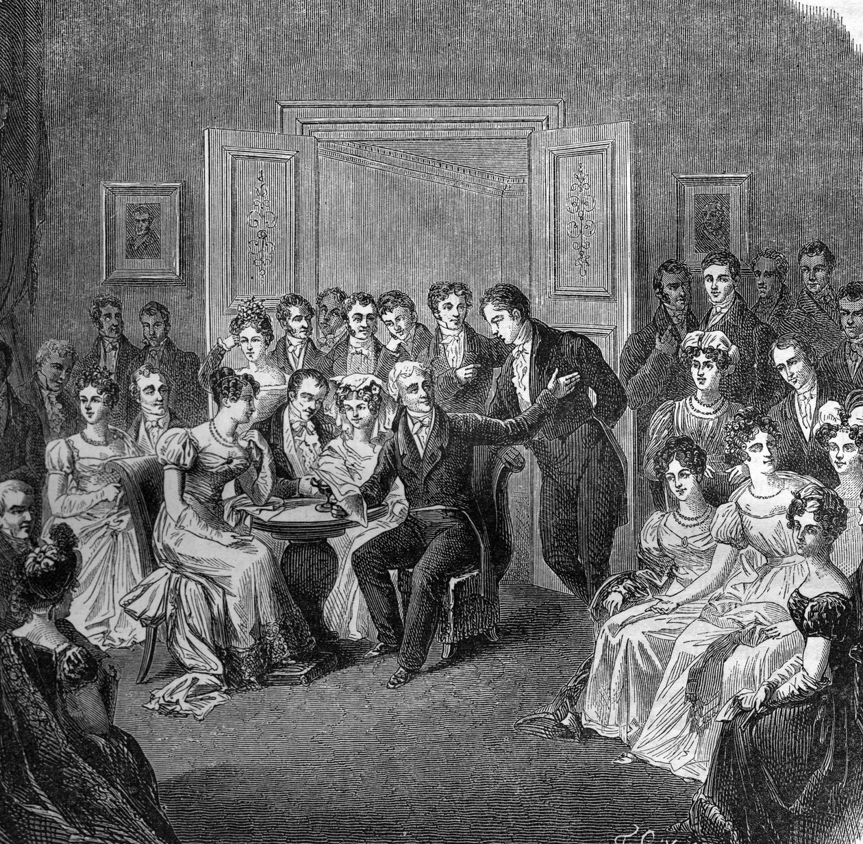 Salon Literacki w XIX wieku: Francois Auguste Parceval de Grandmaison (Parceval Grandmaison, Parceval-Grandmaison) (1759-1834) czytający wersety z wiersza „Philippe Auguste” w salonie starego hotelu w Larochefoucauld w 1824 roku. autorstwa French School