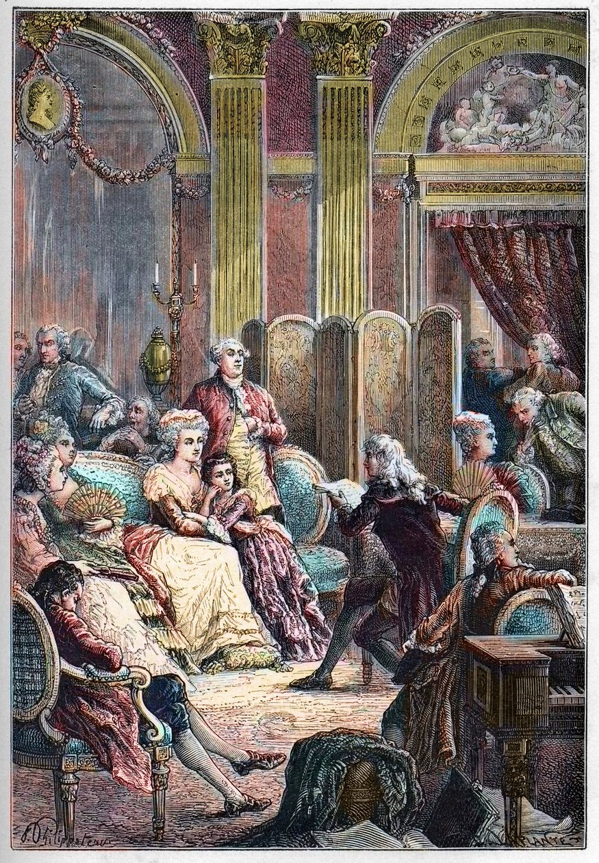 Salon Literacki - Czytanie „Paweł i Virginie” Jacquesa-Henri Bernardina z Saint-Pierre (Saint Pierre) w salonach Madame Necker w Paryżu - obok pani Necker jej męża Jacquesa Neckera i córki Germaine, później pani de. Stael - Wykład autorstwa French School