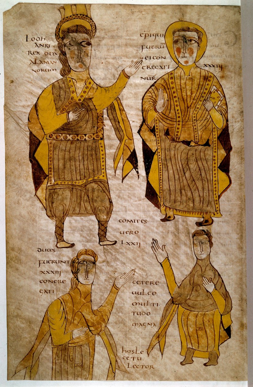 Lodhanri Król Alamanów (albo Alemans: plemię germańskie) otacza eveque, księcia i hrabiego. Rękopis „”Breviary of Alaric and other legal texts”” (folio 197v), Francja, Vallee de la Loire (?), 803-814. Paryż, B N autorstwa French School