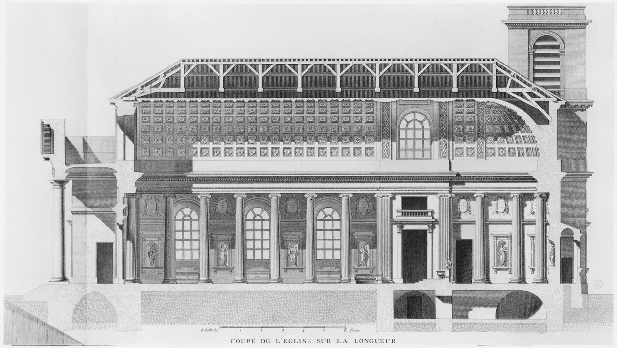 Przekrój podłużny kościoła Saint-Philippe-du-Roule, Paryż autorstwa French School