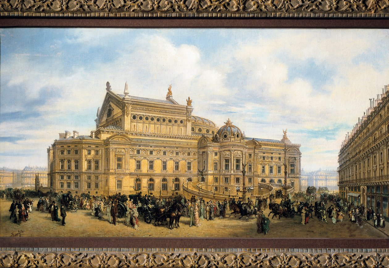 Opera Paryska zbudowana przez Charlesa Garniera, widok od strony Rue Auber (olej na płótnie) autorstwa French School