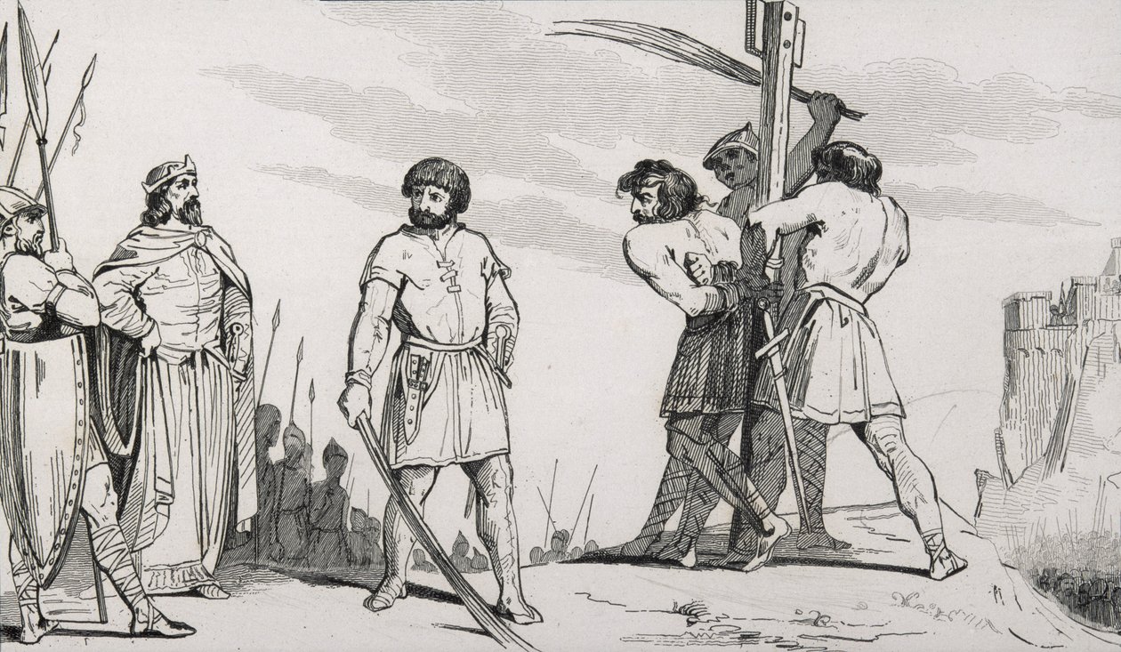 Lord Bodillon jest biczowany po narzekaniu na podwyżkę podatków Childeryka II (653-73), z „Histoire de France” Colarta, opublikowanej ok. 1840 r. autorstwa French School