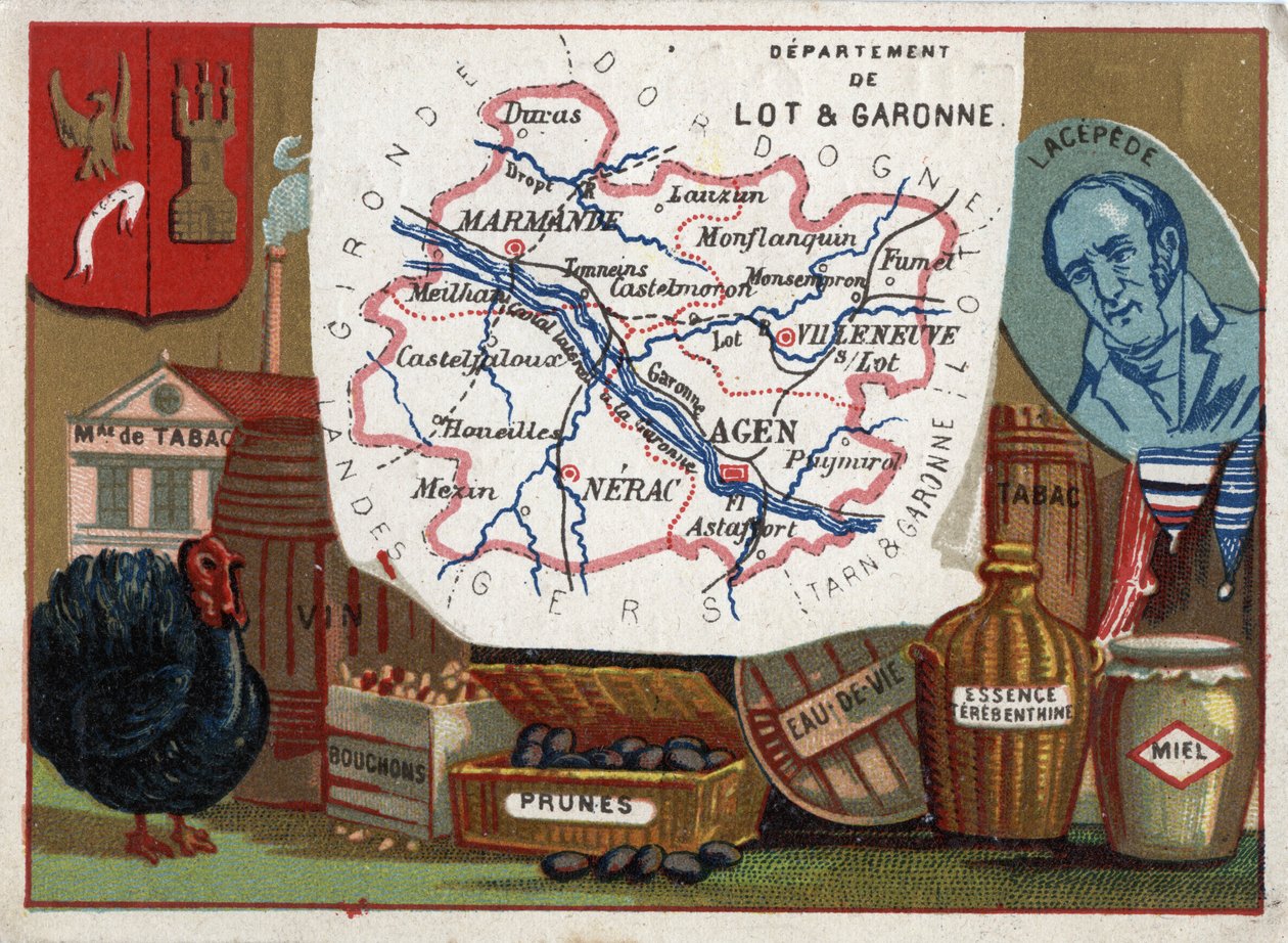 Lot i Garonne (Lot-et-Garonne, 47), Akwitania, Francja. Fabryka tytoniu, hodowla indyków, wino, korki, śliwki, brandy, benzyna tebentynowa. Portret Bernarda Germaina Etienne de Laville-sur-Illon, hrabiego Lacepede (lub de la Cepede autorstwa French School