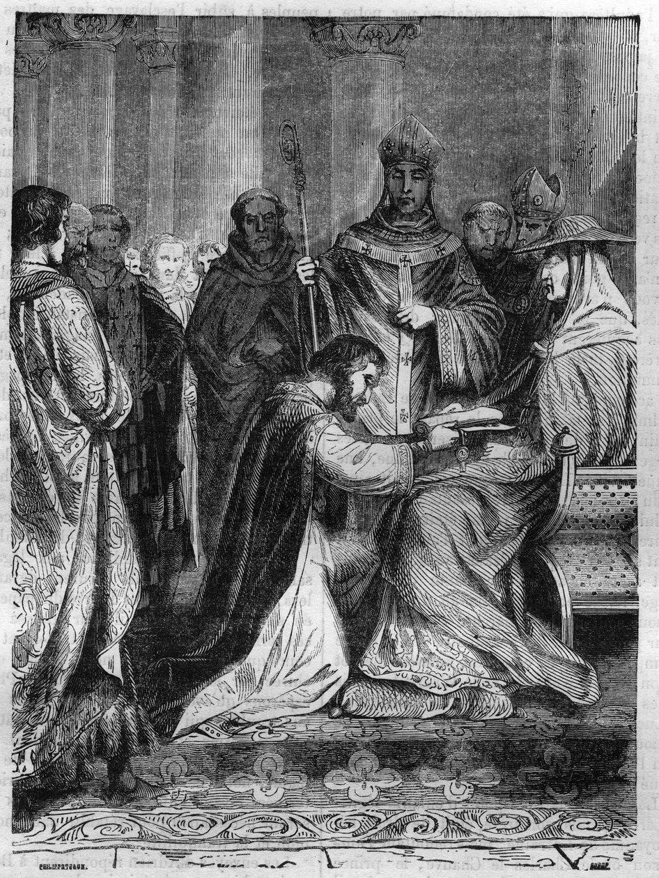Lotharia I (795-855) u stóp papieża Adriana II (792-872). Grawer w „Historii papieży-królów-królowych i cesarzy na przestrzeni wieków” autorstwa Maurice Lachatre autorstwa French School