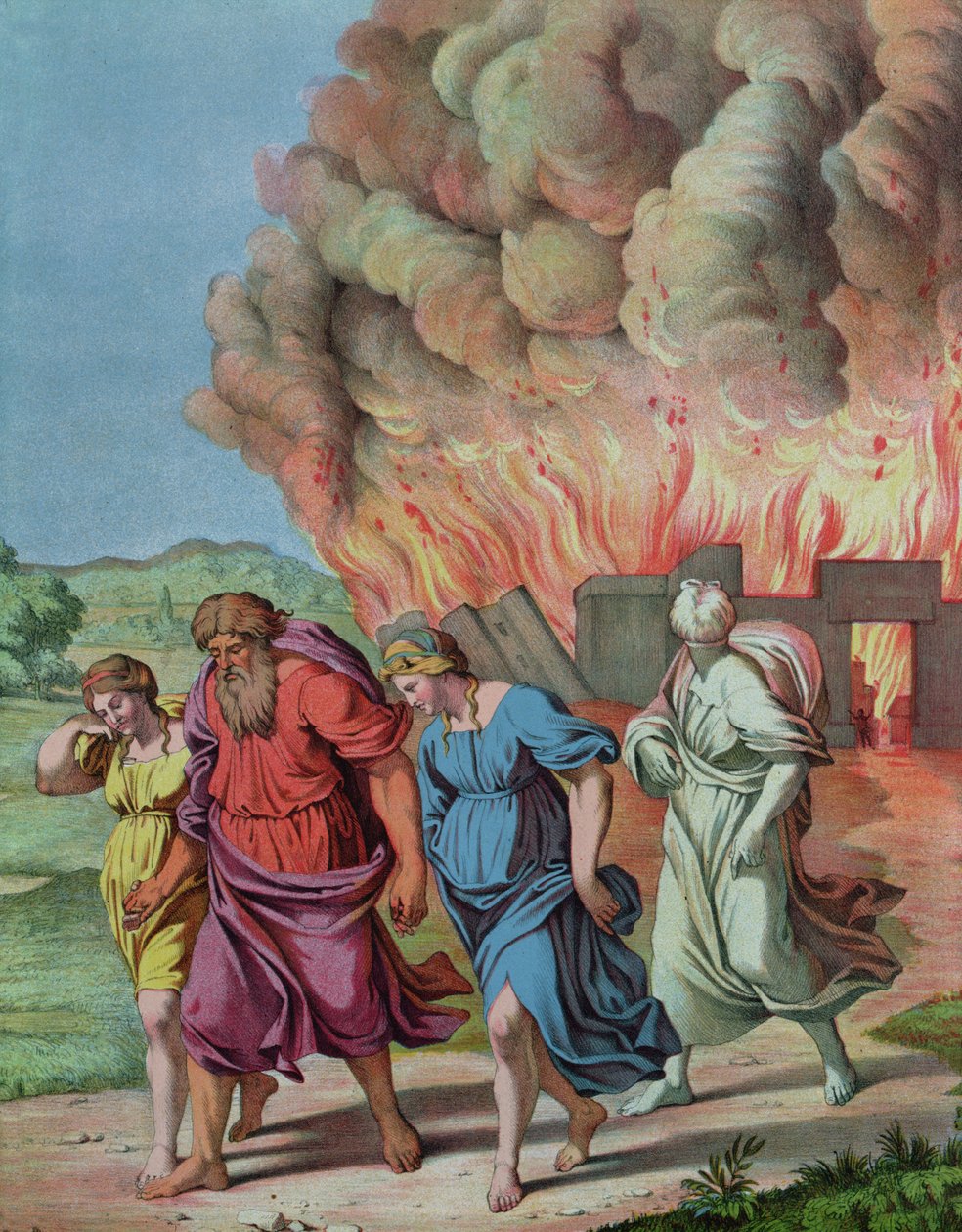 Małżonka spogląda wstecz na Sodomę i zamienia się w słup soli, ilustracja do katechizmu autorstwa French School