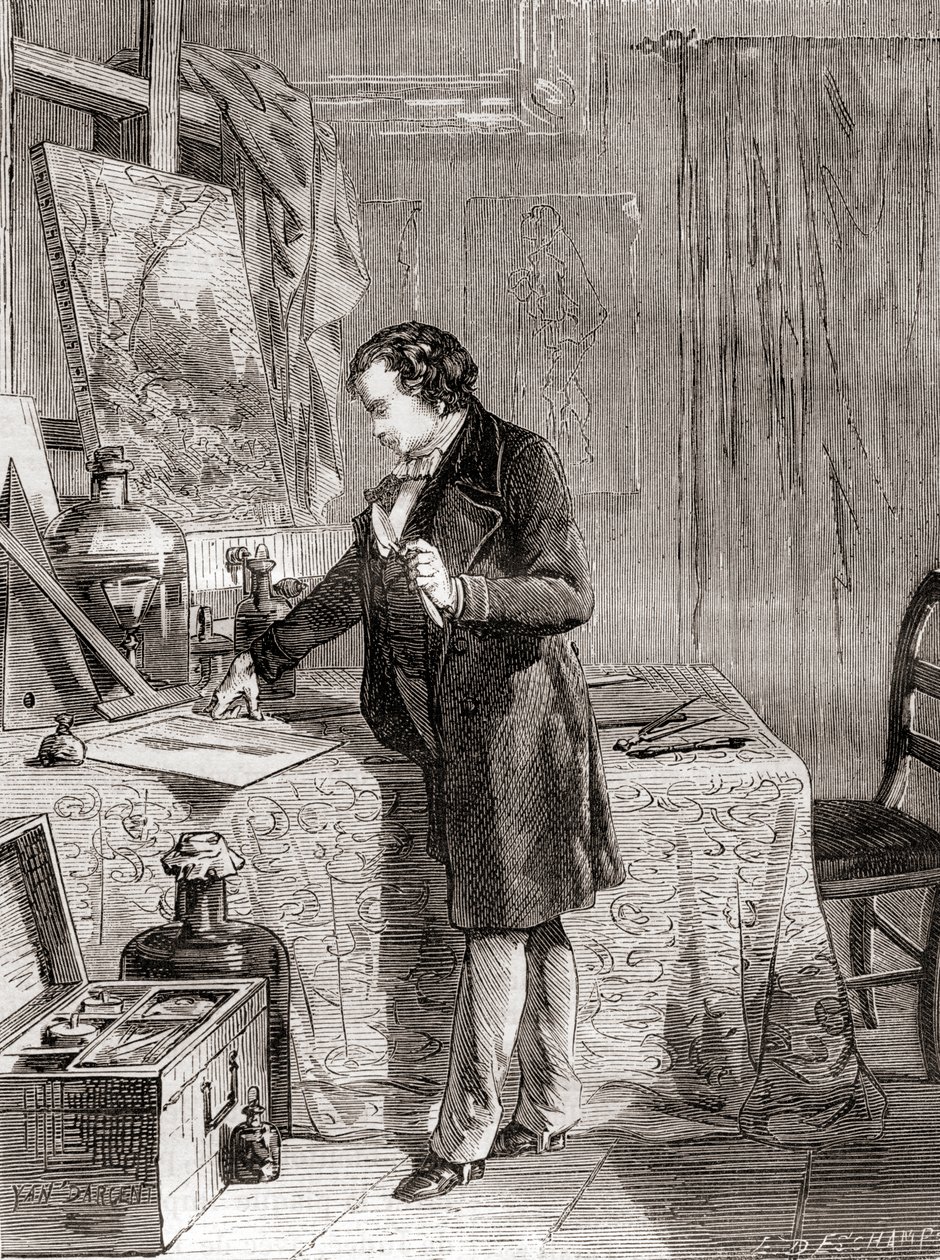 Louis-Jacques-Mandé Daguerre wynajdujący proces fotograficzny dagerotypii w XIX wieku, z Les Merveilles de la Science, opublikowanego ok. 1870 r. (rycina) autorstwa French School
