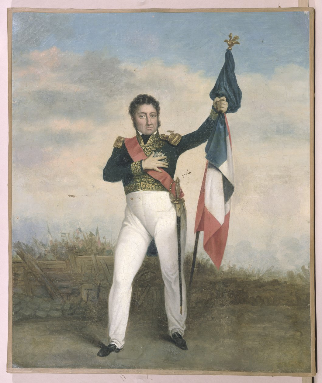 Ludwik Filip (1773-1850) noszący trójkolorową flagę na barykadach podczas rewolucji 1830 r autorstwa French School