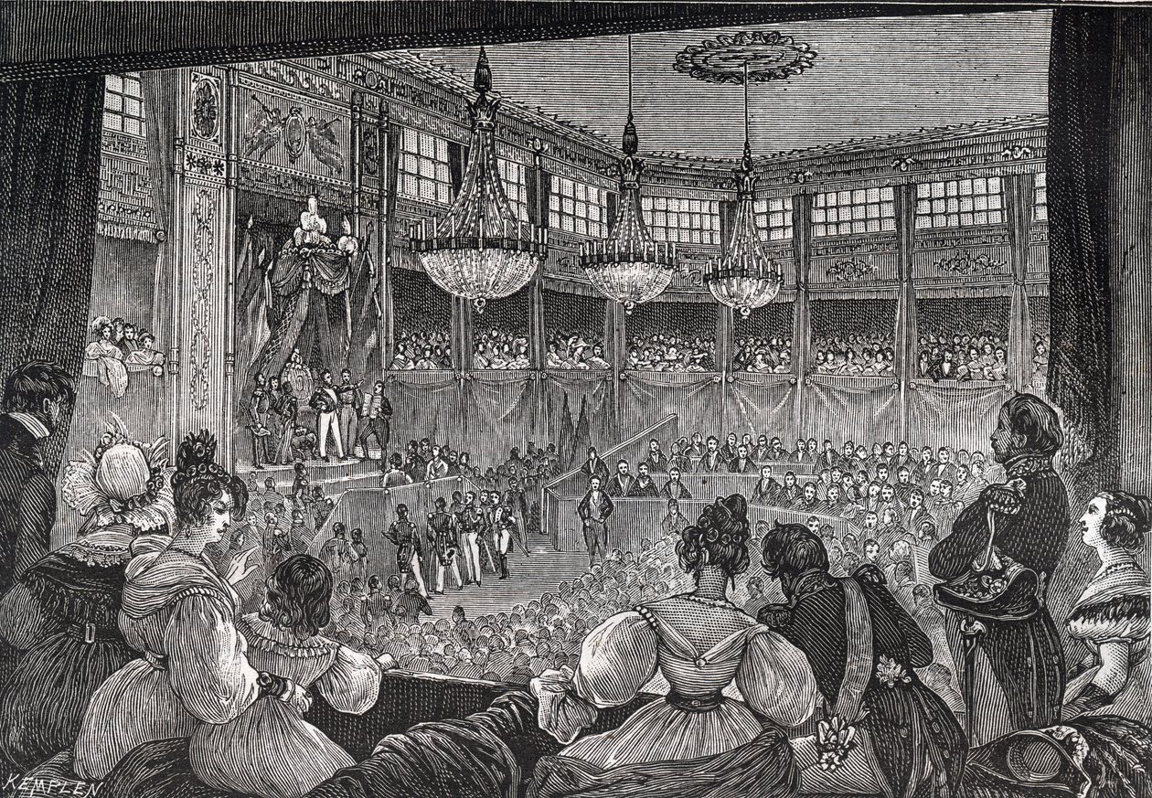 Ludwik Filip I zostaje zaprzysiężony na króla przed Izbą Deputowanych, 9 sierpnia 1830 r. - Rewolucja 1830 r.: „” Król Ludwik Filip I (1773-1850) przysiągł zachować Kartę z 1830 r. w obecności izb ponownie zjednoczonych w prowizoryczna hala Pa autorstwa French School