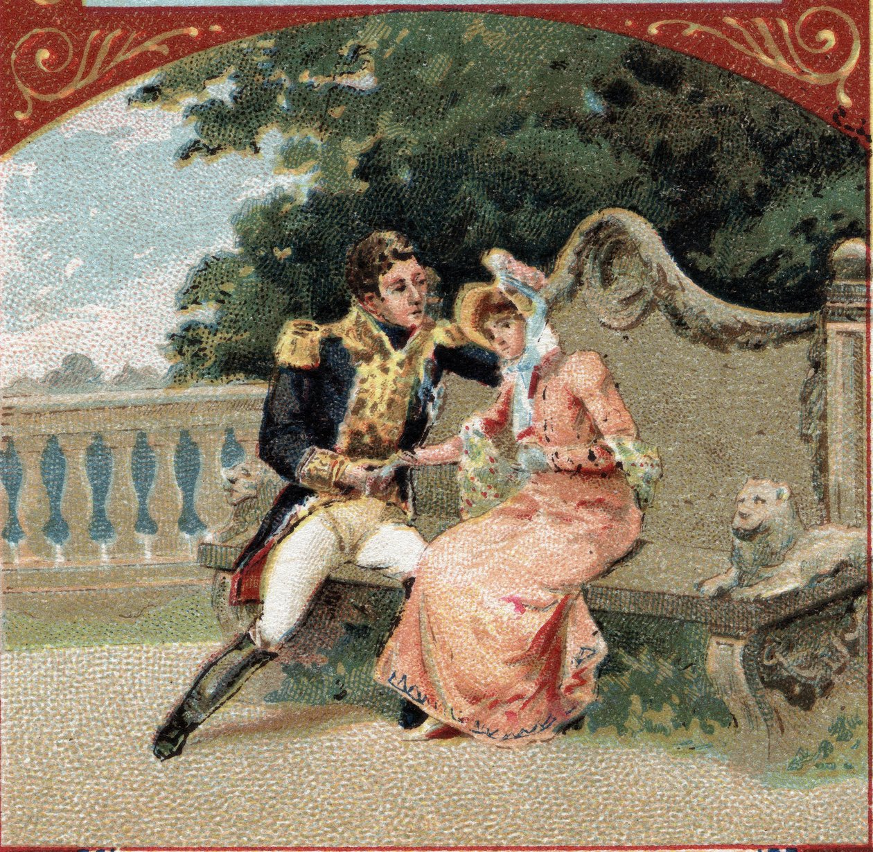 Louis Alexandre (Louis-Alexandre) Berthier (1753-1815), książę Wagram, z Madame Visconti, jego kochanką, w Chateau de Grosbois. Chromolitografia z końca XIX wieku autorstwa French School