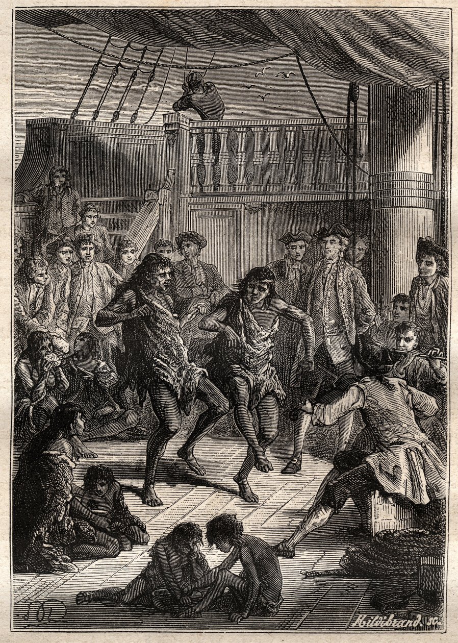 Louis Antoine, hrabia Bougainville (1729-1811) przyjął mieszkańców zatoki Fortescue (Detroit of Magellan) na swojej łodzi „La Boudeuse”” w 1768 r. - ilustracja z „Wielkich marynarzy XVIII wieku” autorstwa French School
