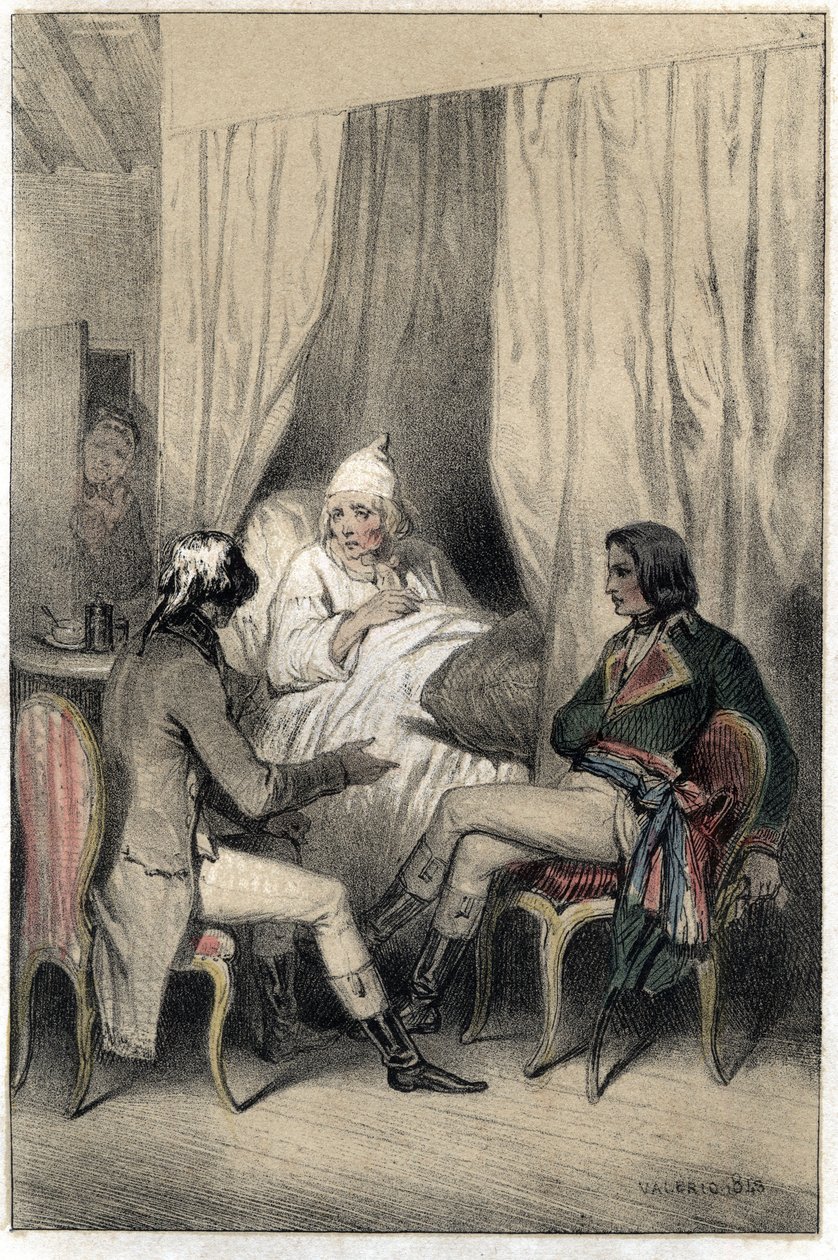 Louis Antoine Fauvelet de Bourienne (1769-1834), francuski dyplomata i administrator oraz generał Napoleon Bonaparte (1769-1821) poprosili chorego starego kapitalistę o pieniądze na kampanię włoską. Talerz zaczerpnięty z „”Sceny de la vie des hommes słynne autorstwa French School