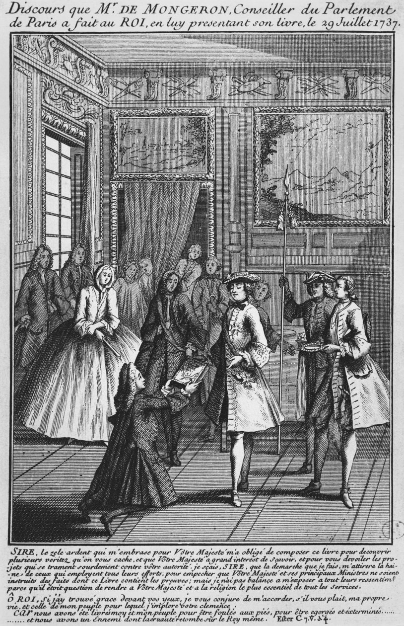 Louis Basile Carre de Montgeron ofiarowując swoją książkę o diakonie Francois de Paris i konwulsjach Saint-Medard królowi Ludwikowi XV, 1737 autorstwa French School