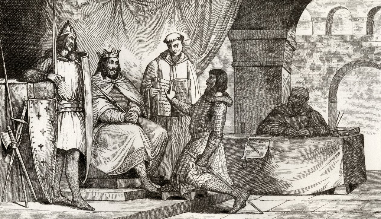 Ludwik II (848-79) odbiera przysięgę wierności od szlachcica, z "Histoire de France" Colarta, wydanej ok. 1840 r. autorstwa French School