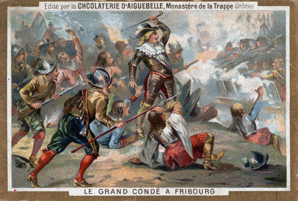 Ludwik II Burbon, książę Conde (Bourbon-Conde), znany jako Le Grand Conde, w bitwie pod Fryburgiem w 1644. Chromolitografia z XIX wieku. autorstwa French School