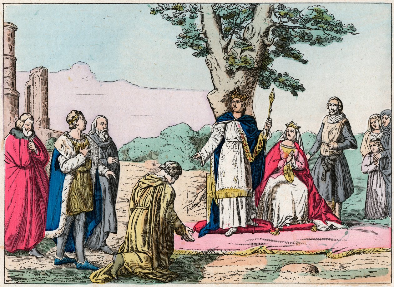 Ludwik IX, dit „Saint-Louis” (1214-1270) oddaje sprawiedliwość wszystkim swoim poddanym w Bois de Vincennes - Saint Louis (1214-1270) oddaje sprawiedliwość - Grawerowanie końca XIX wieku w „Nos Gires Nationales - Obrazy i recytacje”” autorstwa French School