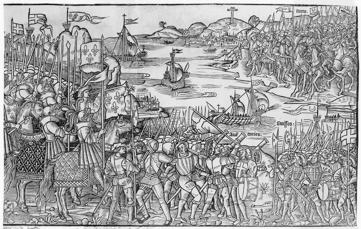 Ludwik IX francuski wysiadający w Damietcie podczas siódmej krucjaty, z "Grand Voyage de Hierusalem", opublikowanej w 1522 r. autorstwa French School