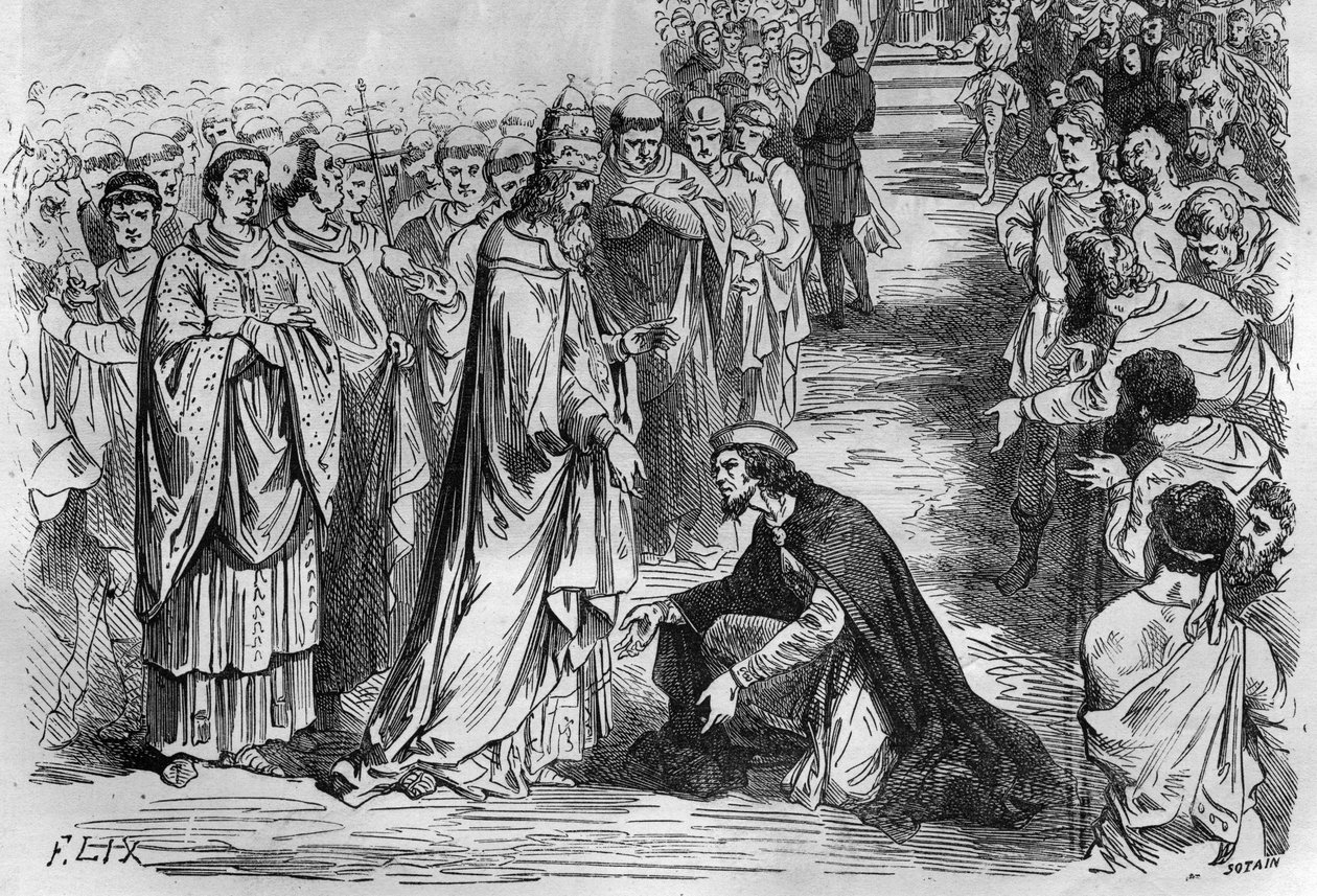 Ludwik I Pobożny lub Debonnaire (778-840) na kolanach papieża Stefana V (Stefano, papież od 896 do 897). Grawer w „Histoire des Papes-Rois-Queen and Empereurs a travers les Century” Maurice Lachatre autorstwa French School