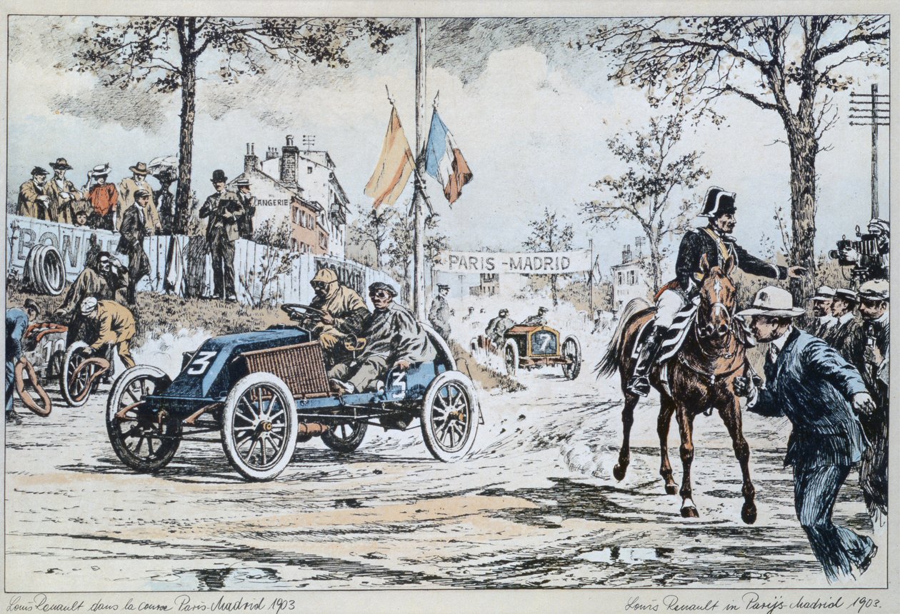 Louis Renault jadący w wyścigu Paryż-Madryt w 1903 r., ok. 1903 r. autorstwa French School