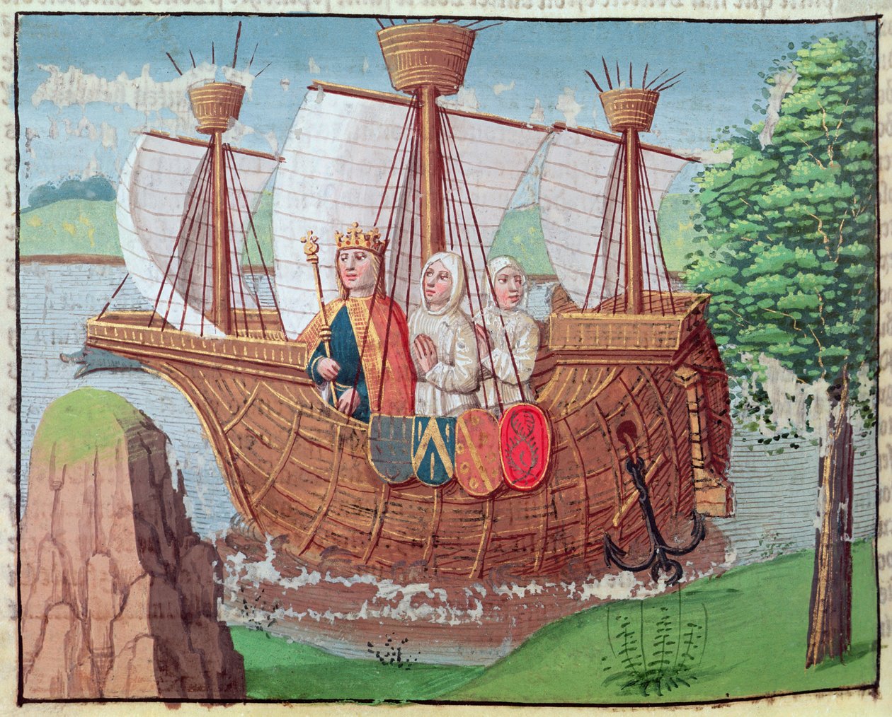 Wyjazd Ludwika VII do Ziemi Świętej z kilkoma cystersami w 1145 r., miniatura z „Ogier le Danois”, druk A. Verard, Paryż autorstwa French School