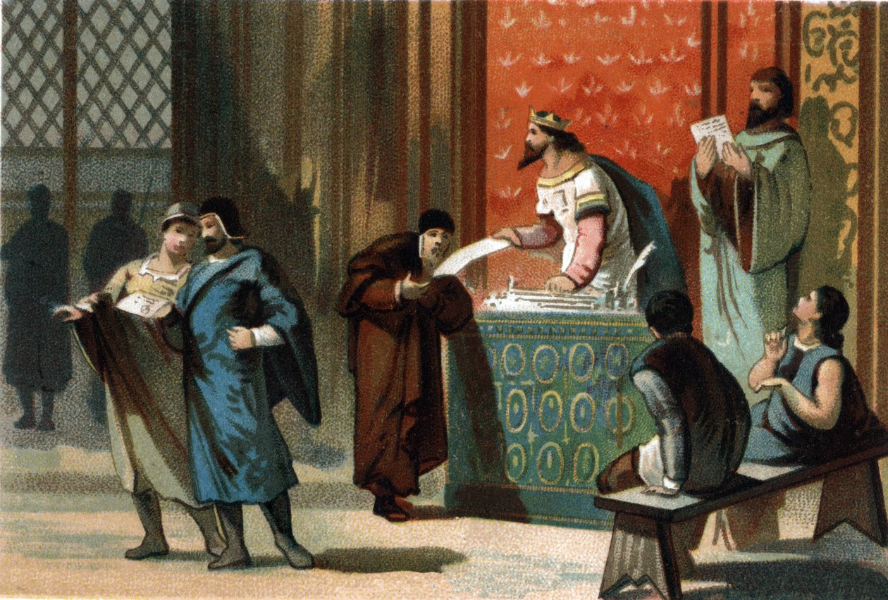 Ludwik VI dit Le Gros (1081-1137) nadał gminom przywileje pocztowe. Chromolitografia około 1890 r. autorstwa French School