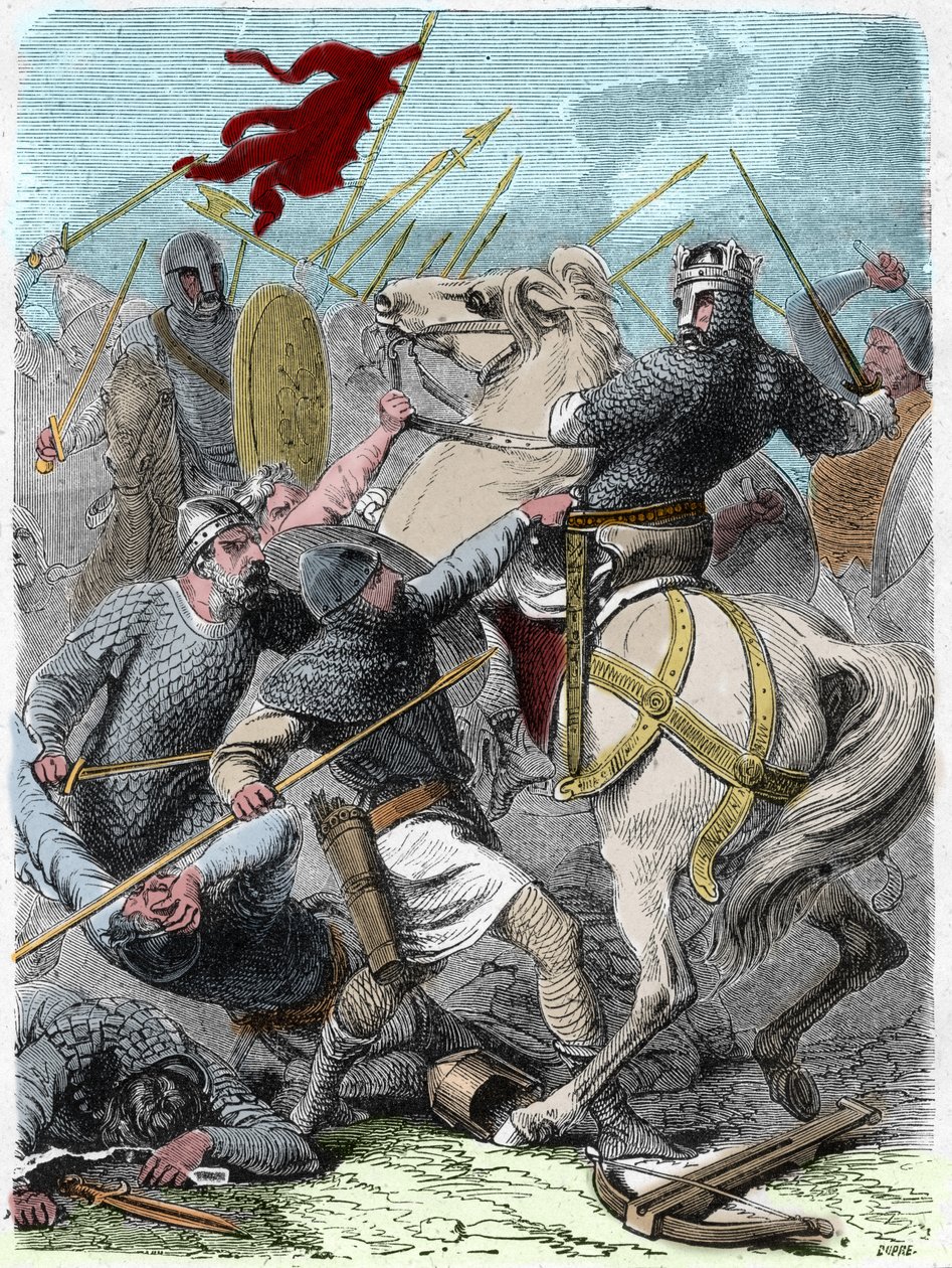 Ludwik VI powiedział „The Gros” (1081 - 1137), w bitwie pod Brenneville, próbował odebrać Normandię królowi Anglii Henrykowi I w 1119. Grawerowanie w „” Histoire De France En Cent Paintings” Paula Lehugeura „” 1891. autorstwa French School