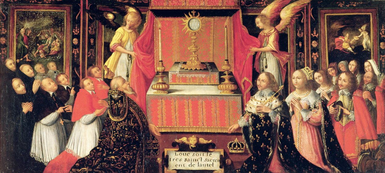 Ludwik XIII (1601-43) Anna Austriacka (1601-66) Infantka hiszpańska i Gaston de France (1608-60) książę Orleanu przed Najświętszym Sakramentem autorstwa French School