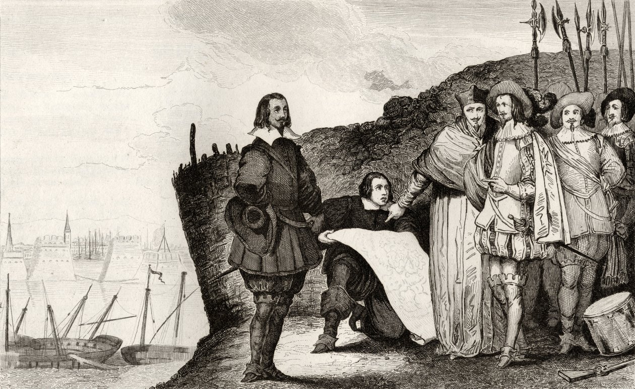 Ludwik XIII (1602-43) podczas oblężenia La Rochelle w październiku 1628 r., z "Histoire de France" Colarta, wydanej ok. 1840 r. autorstwa French School