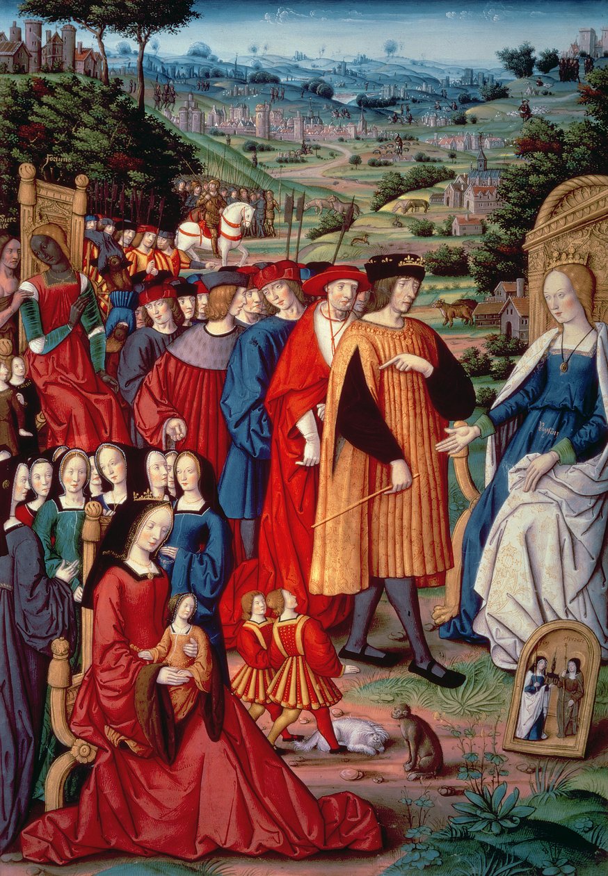 Ludwik XII, kardynał Georges z Amboise (1462-1515), Anna z Bretanii i Claude z Francji, z Remedies and Fortunes Petrarki, 1503 autorstwa French School